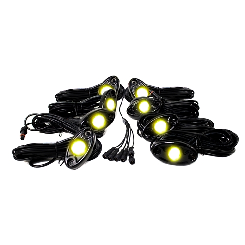 Race Sport Lighting 8-LED Glow Pod Kit With Brain Box IP68 12V w/All Hardware Yellow Rock Light Kit 